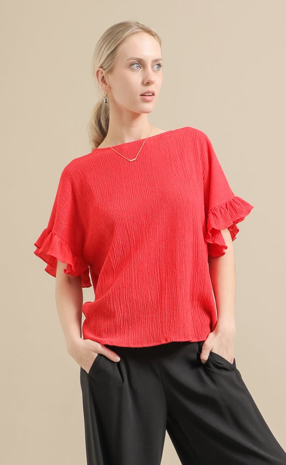 Textured Jersey Frill Sleeve Top Crimson