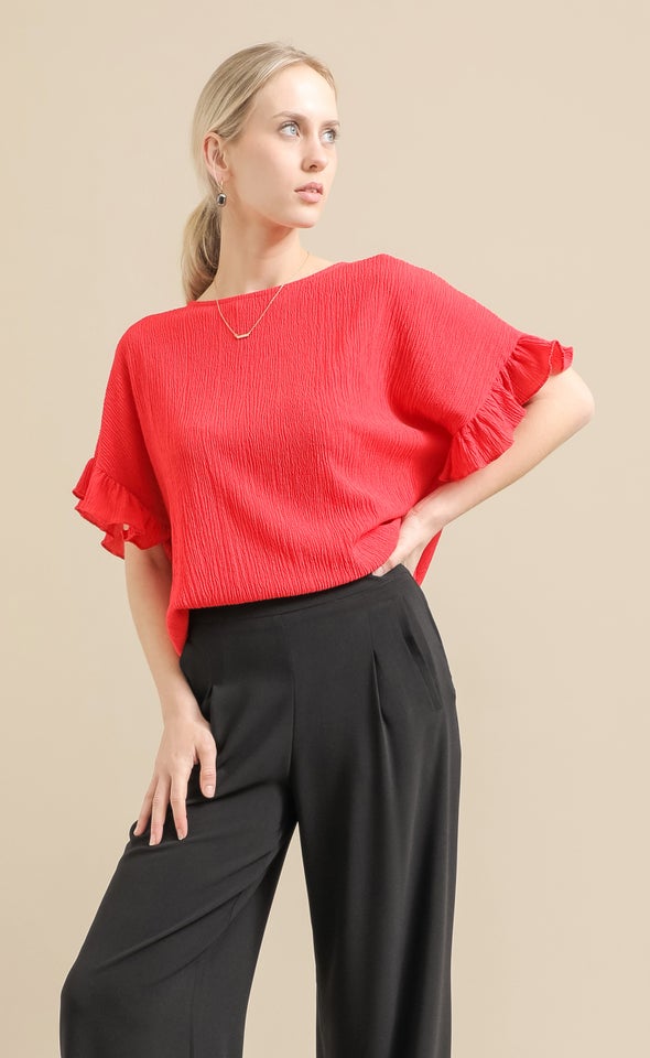 Textured Jersey Frill Sleeve Top Crimson