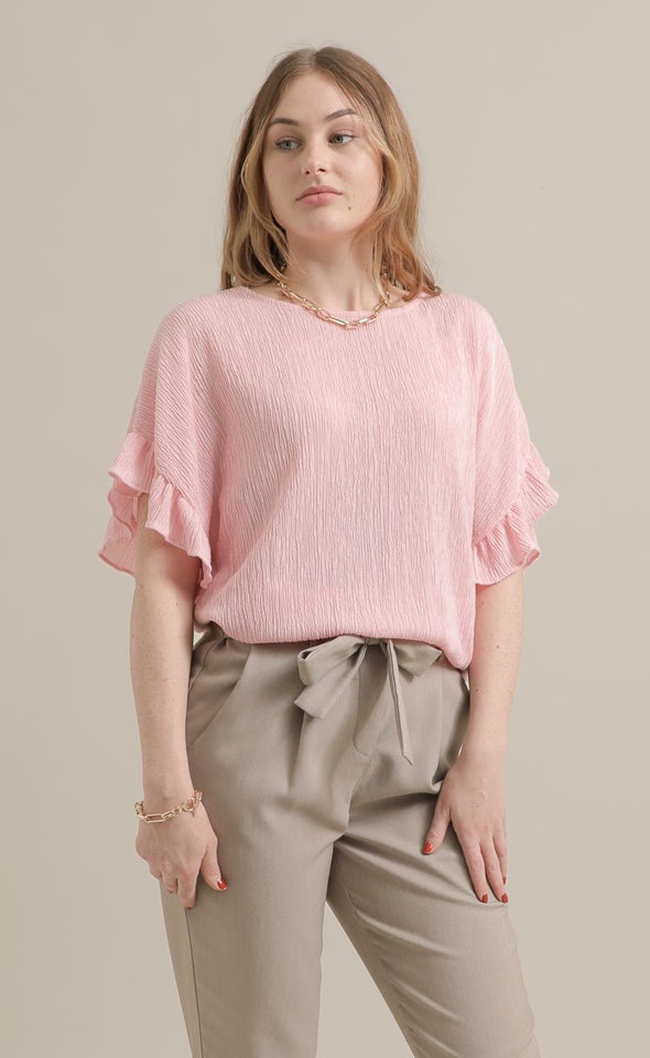 Textured Jersey Frill Sleeve Top Pink
