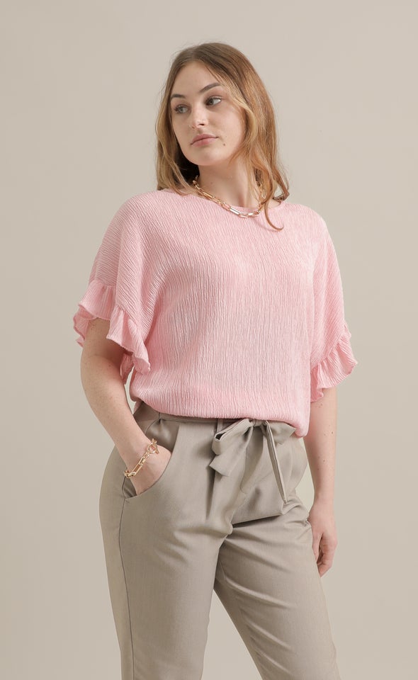 Textured Jersey Frill Sleeve Top Pink