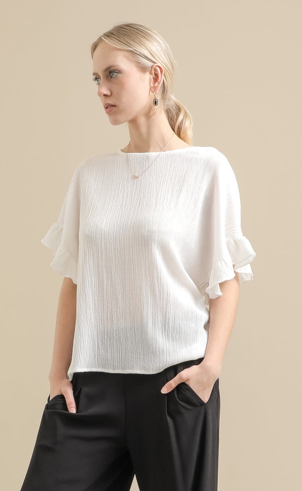 Textured Jersey Frill Sleeve Top White