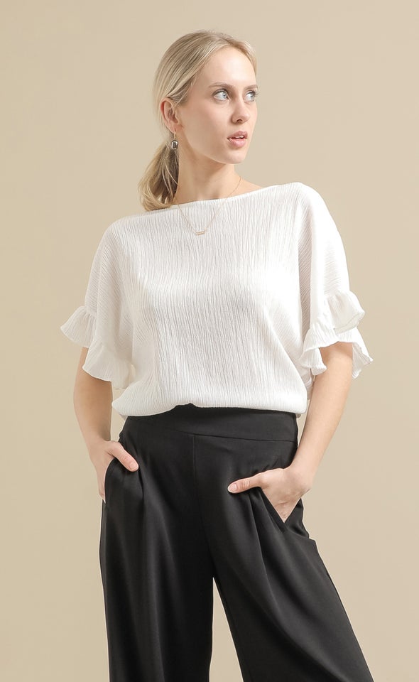 Textured Jersey Frill Sleeve Top White