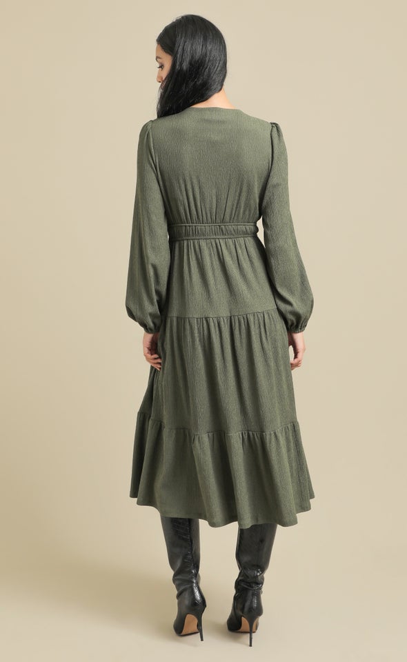 Textured Jersey LS Tier Midi Dress Olive