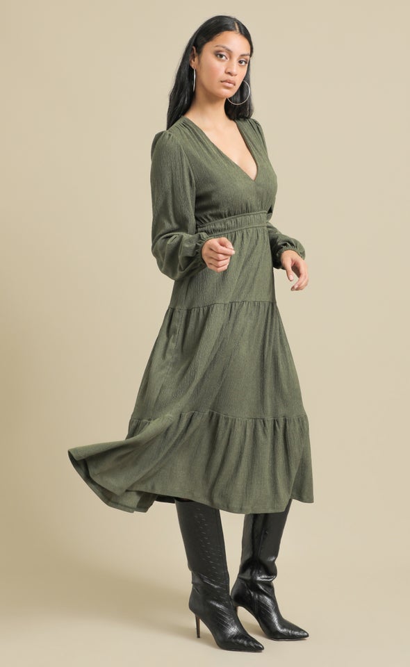 Textured Jersey LS Tier Midi Dress Olive