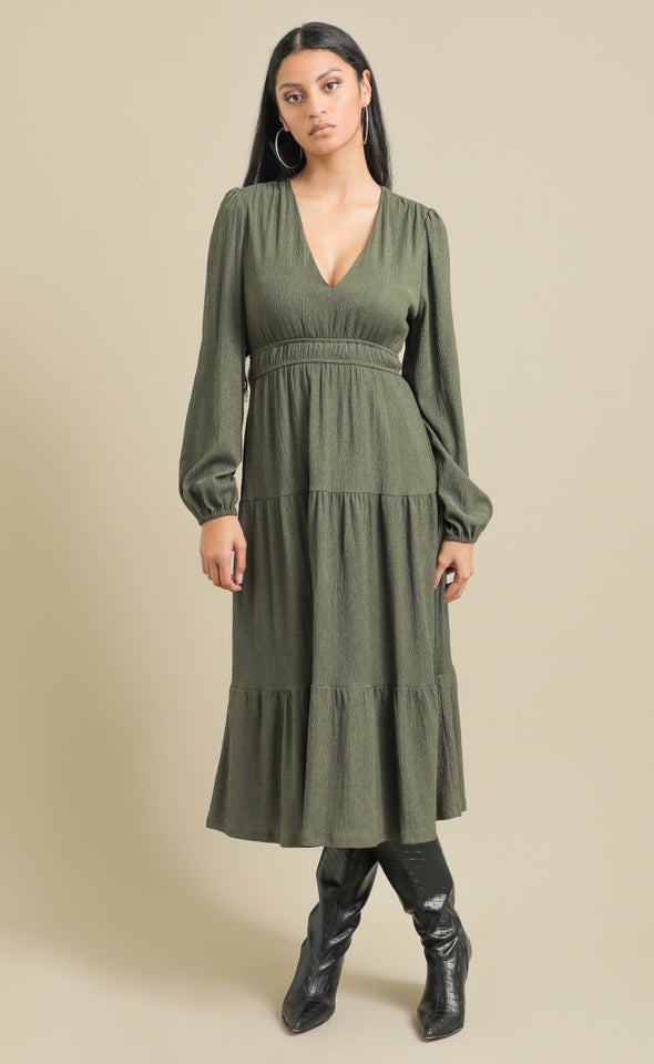 Textured Jersey LS Tier Midi Dress Olive