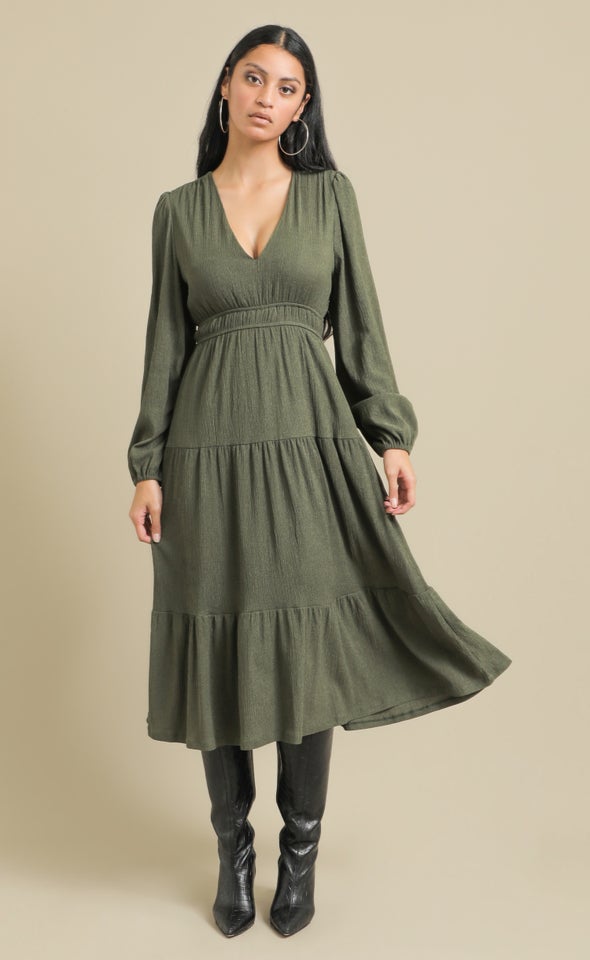 Textured Jersey LS Tier Midi Dress Olive
