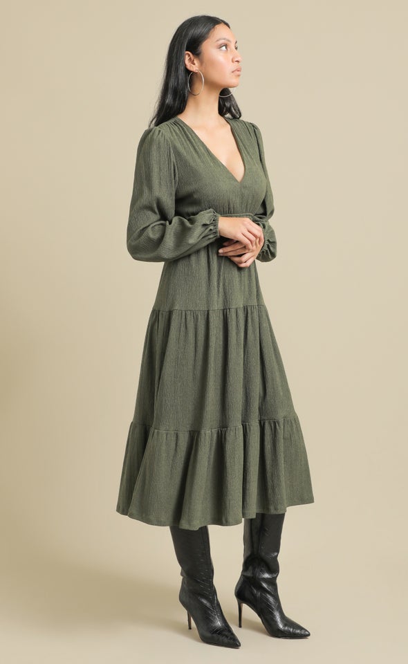 Textured Jersey LS Tier Midi Dress Olive
