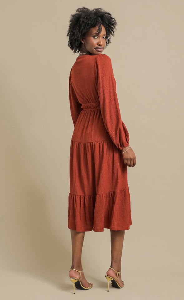 Textured Jersey LS Tier Midi Dress Rust