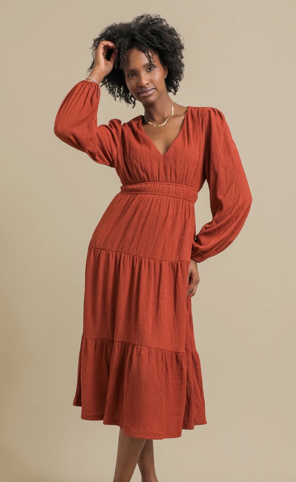 Textured Jersey LS Tier Midi Dress Rust