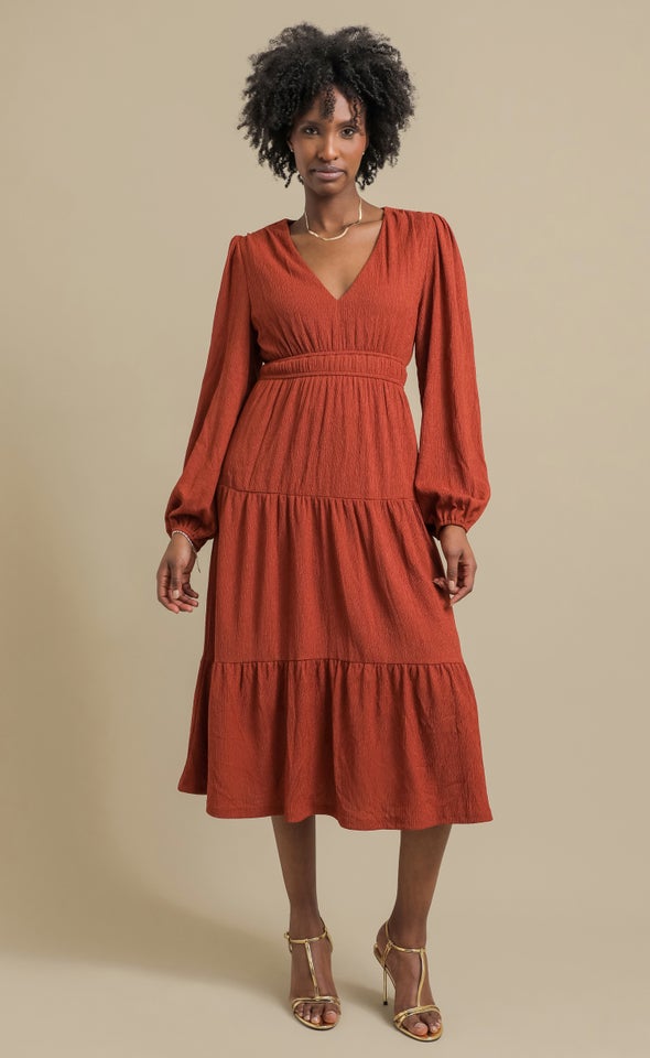 Textured Jersey LS Tier Midi Dress Rust