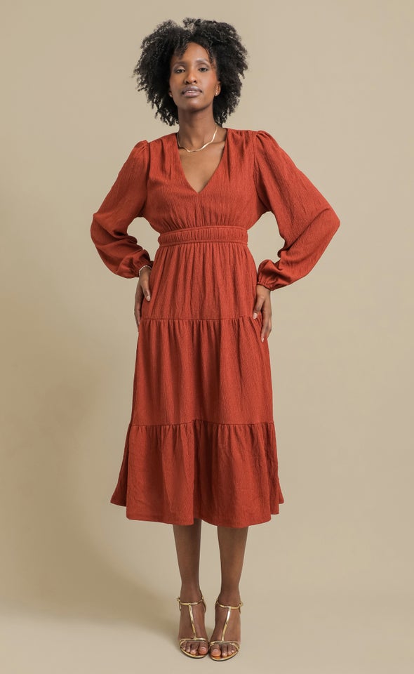 Textured Jersey LS Tier Midi Dress Rust