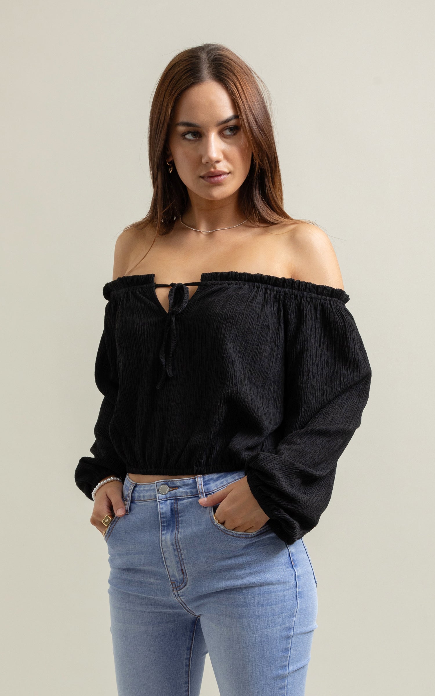 Shop our Textured Jersey Off The Shoulder Top in Black | Pagani