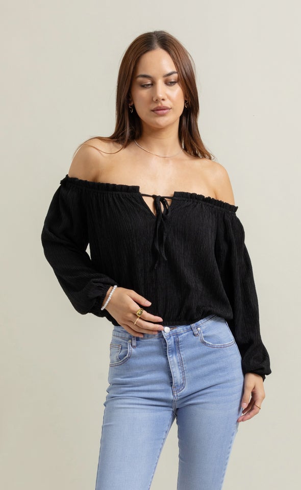 Textured Jersey Off The Shoulder Top Black