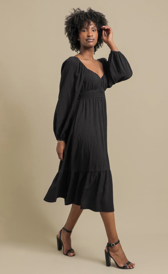 Textured Jsy LS Midi Dress Black