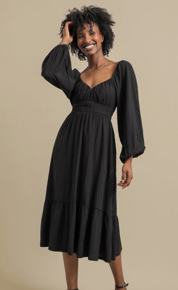 Textured Jsy LS Midi Dress Black