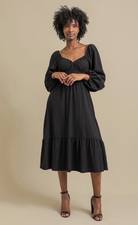 Textured Jsy LS Midi Dress Black