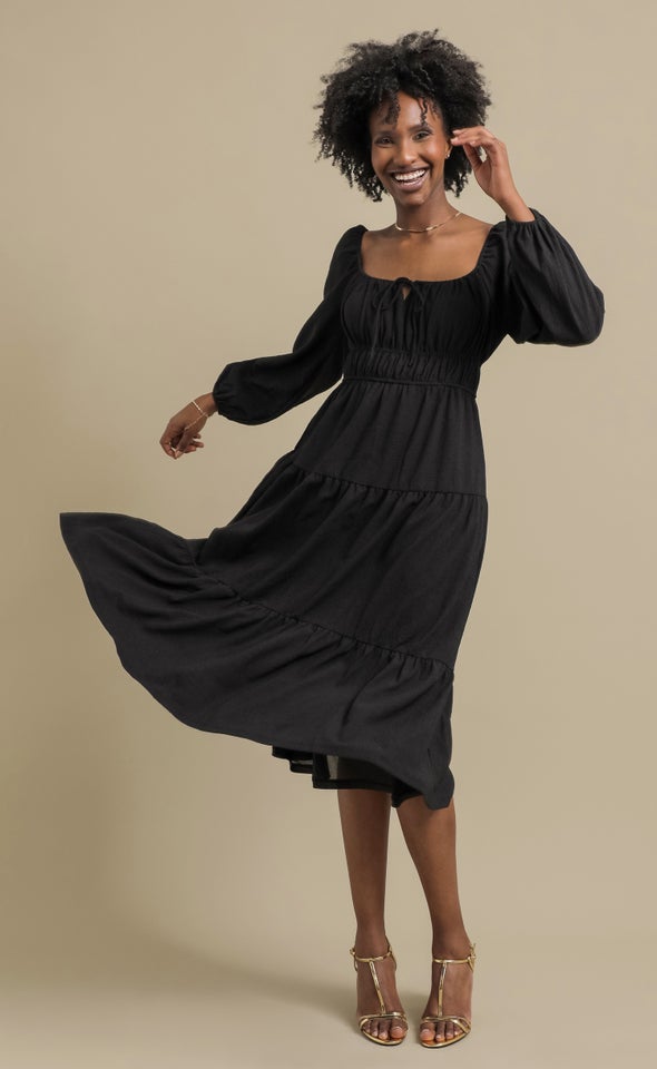 Textured Jsy Midi Tier Dress Black