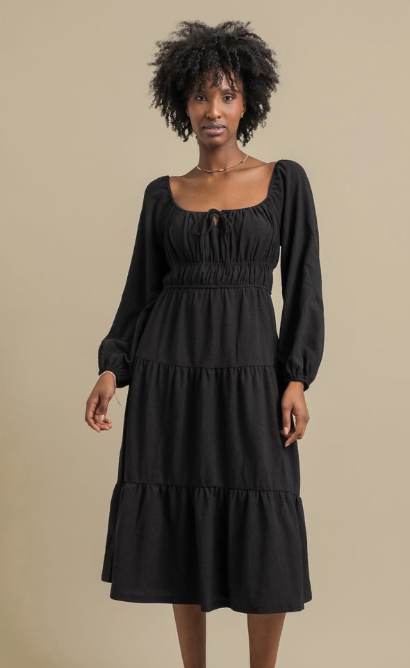 Textured Jsy Midi Tier Dress Black