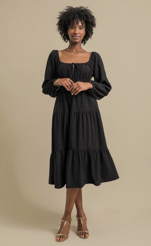 Textured Jsy Midi Tier Dress Black