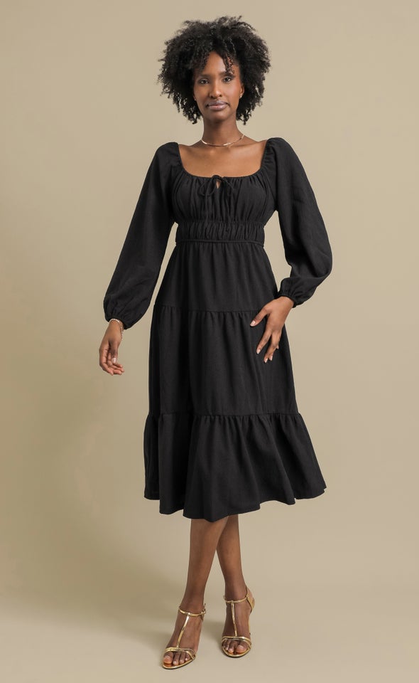 Textured Jsy Midi Tier Dress Black