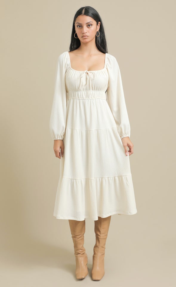 Textured Jsy Midi Tier Dress Natural