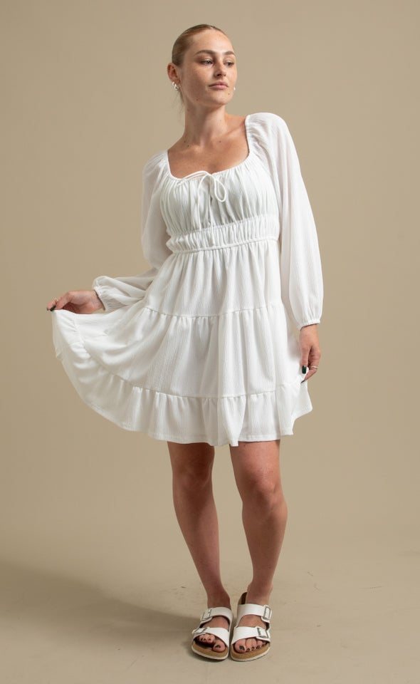 Textured Jsy Short Tier Dress White