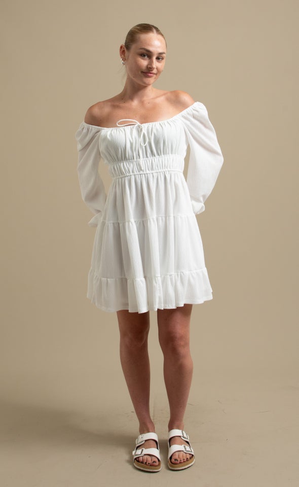 Textured Jsy Short Tier Dress White