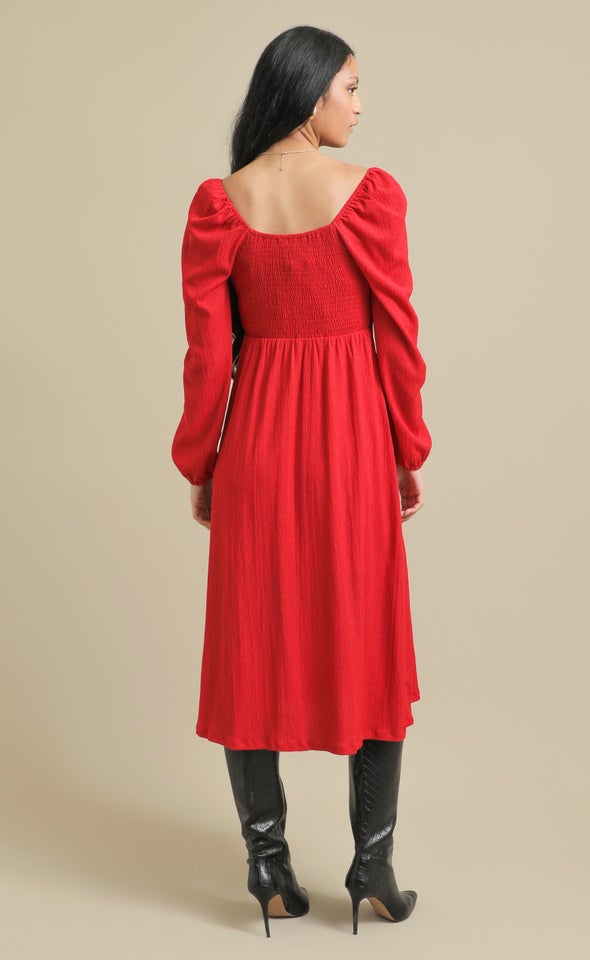 Textured Jsy Sweetheart LS Midi Dress Cherry