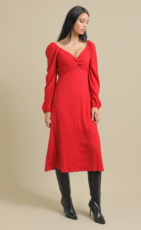 Textured Jsy Sweetheart LS Midi Dress Cherry