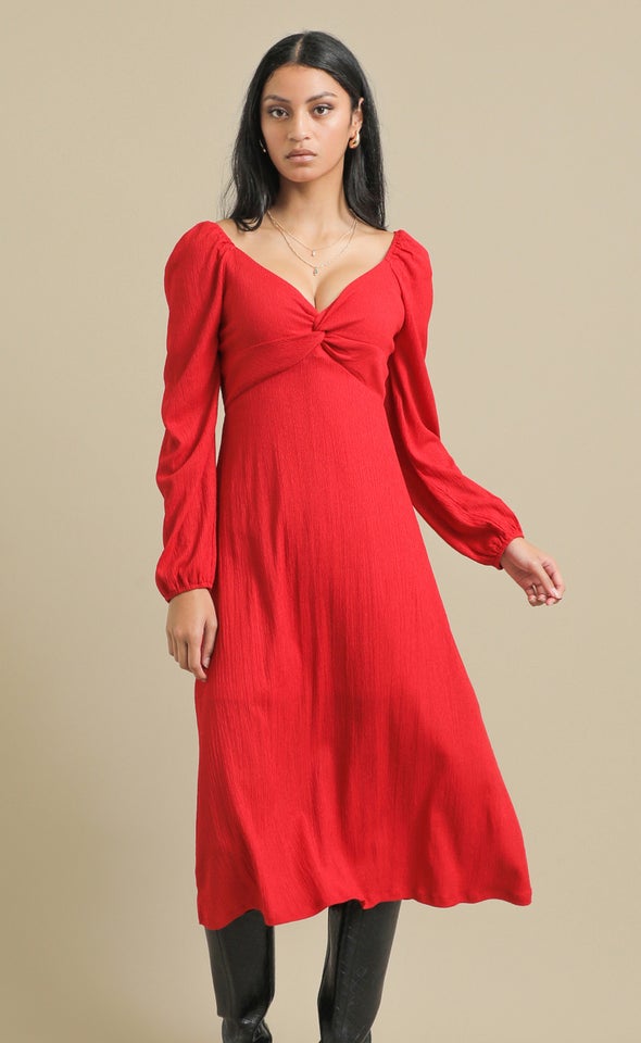 Textured Jsy Sweetheart LS Midi Dress Cherry