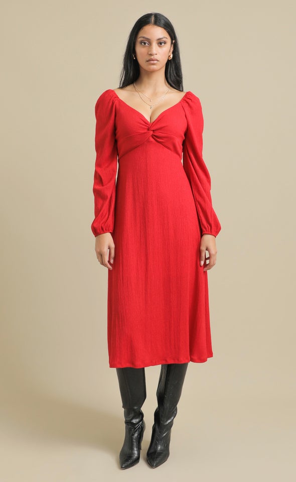 Textured Jsy Sweetheart LS Midi Dress Cherry