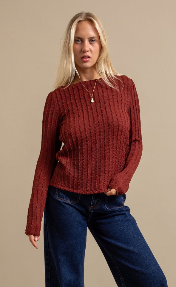Textured Knit Boat Neck Top Spice