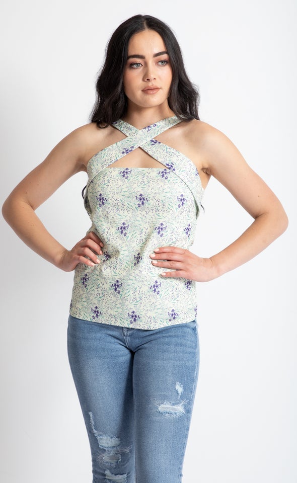 Textured Knit Floral Cross Over Cami Yellow Floral