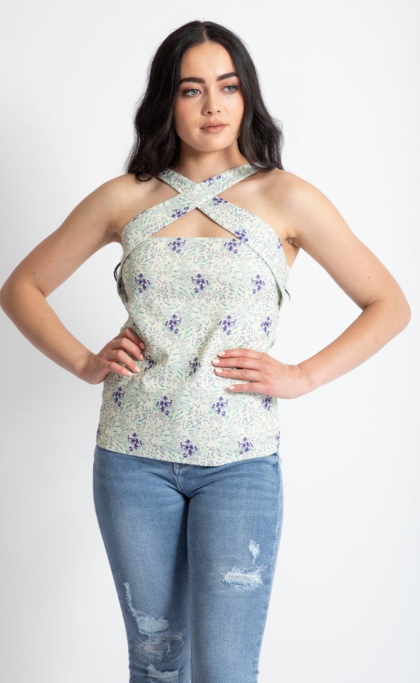 Textured Knit Floral Cross Over Cami Yellow Floral