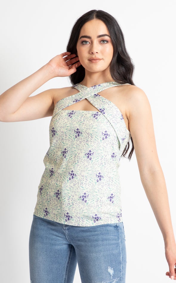 Textured Knit Floral Cross Over Cami Yellow Floral