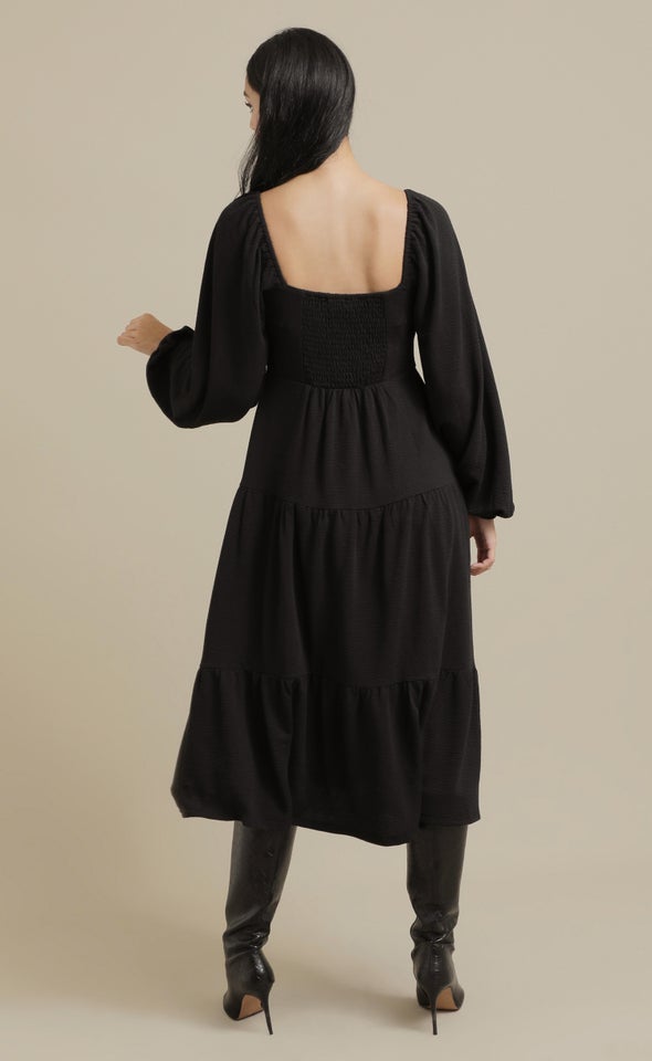 Textured Knit LS Tier Midi Dress Black