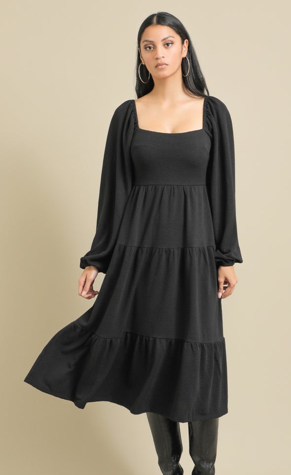 Textured Knit LS Tier Midi Dress Black