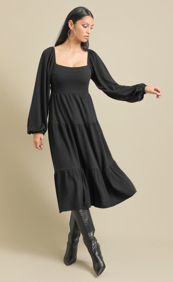 Textured Knit LS Tier Midi Dress Black