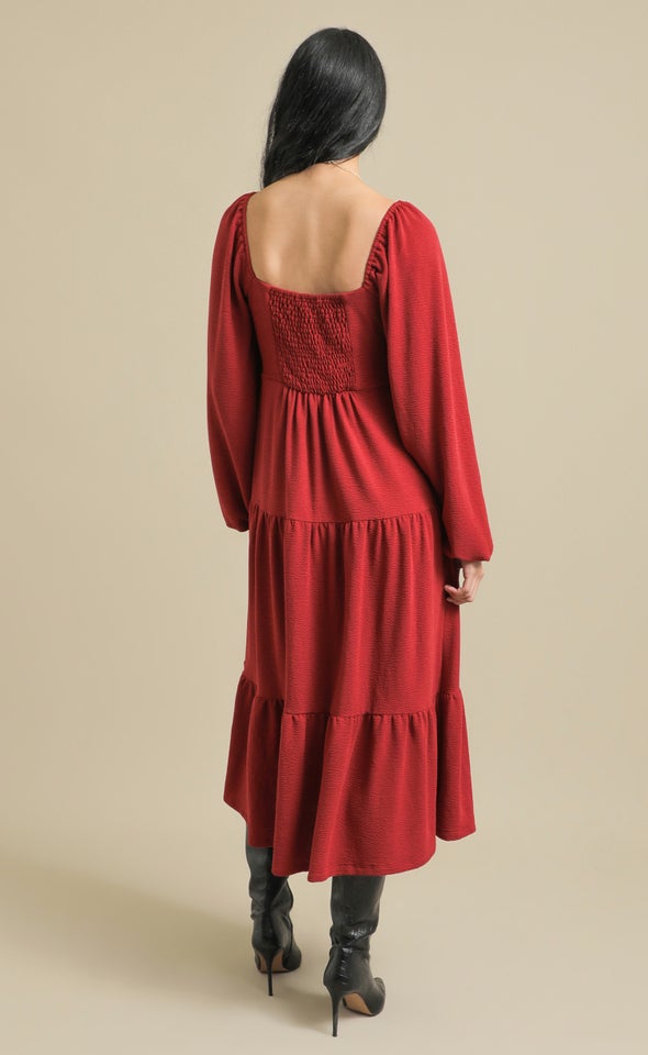Textured Knit LS Tier Midi Dress Red Wine