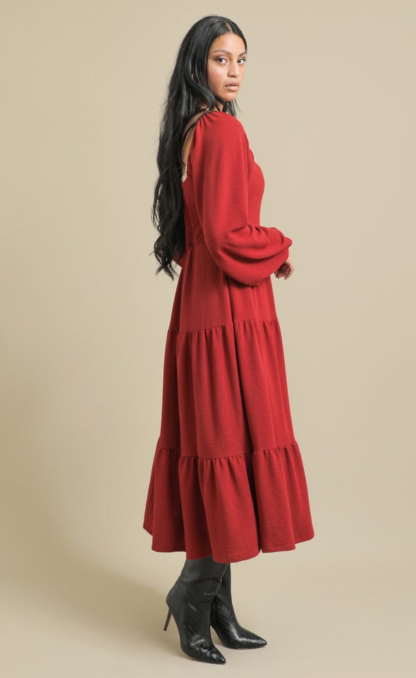 Textured Knit LS Tier Midi Dress Red Wine