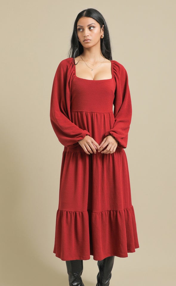Textured Knit LS Tier Midi Dress Red Wine