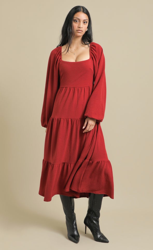 Textured Knit LS Tier Midi Dress Red Wine