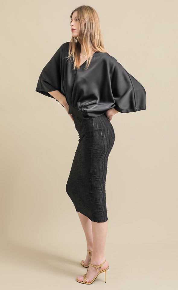 Textured Knit Midi Skirt Black