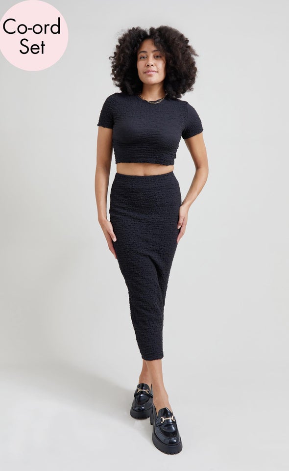 Textured Knit Midi Skirt Black