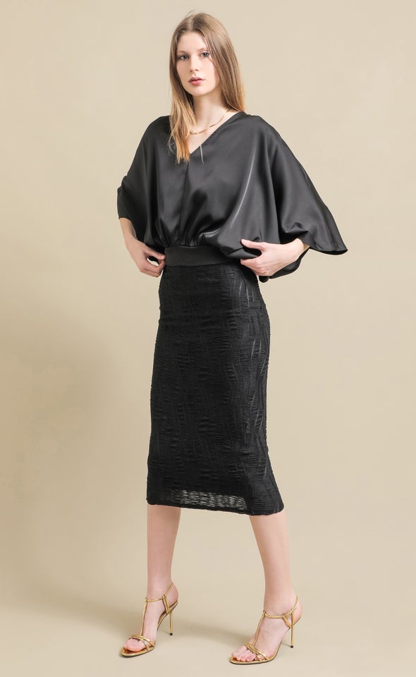 Textured Knit Midi Skirt Black