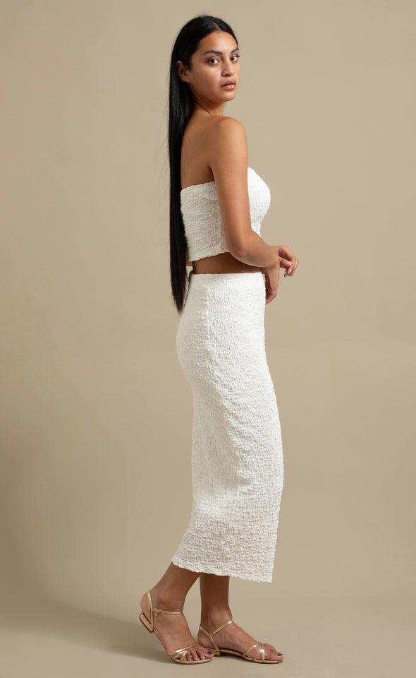 Textured Knit Midi Skirt White