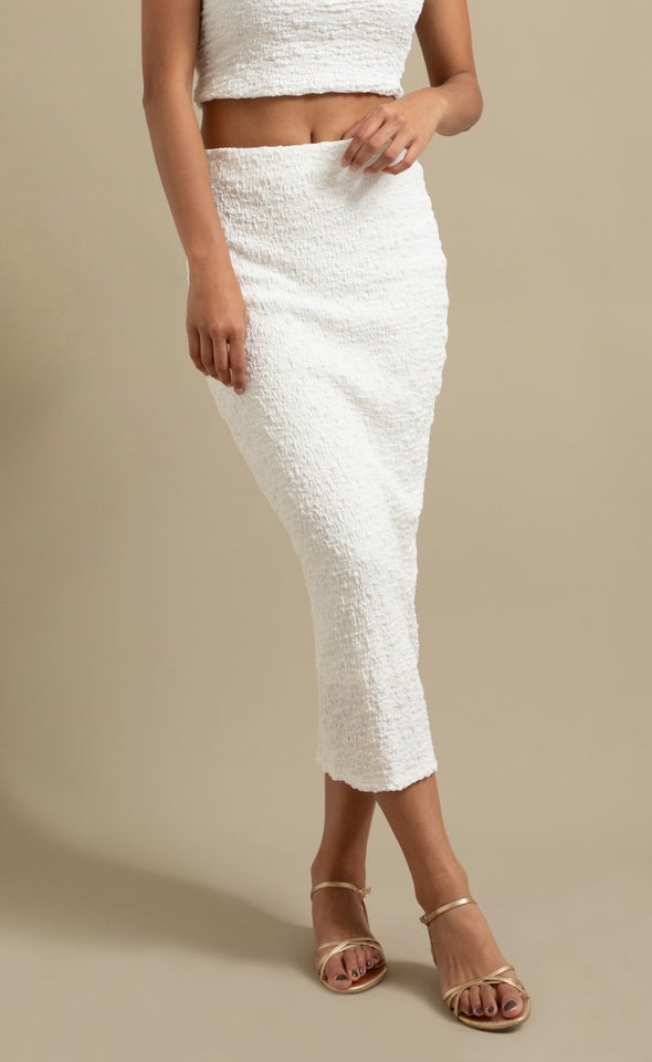 Textured Knit Midi Skirt White