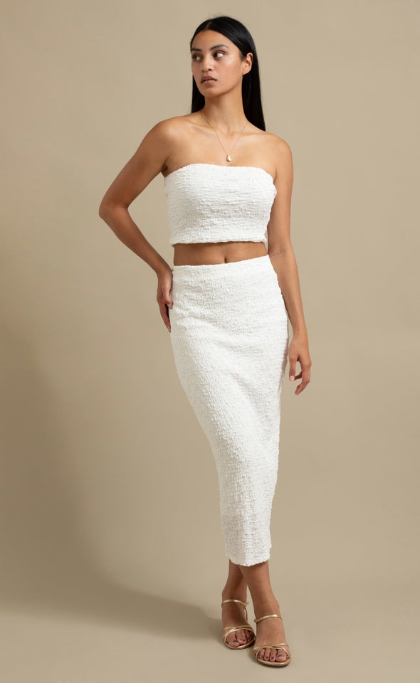 Textured Knit Midi Skirt White