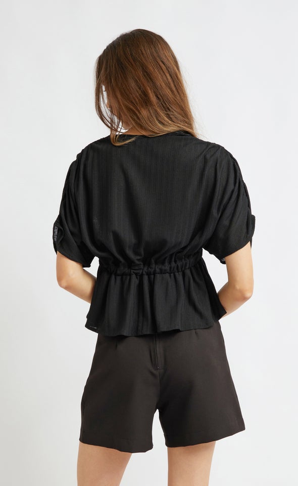 Textured Knit Peplum Draped Top Black