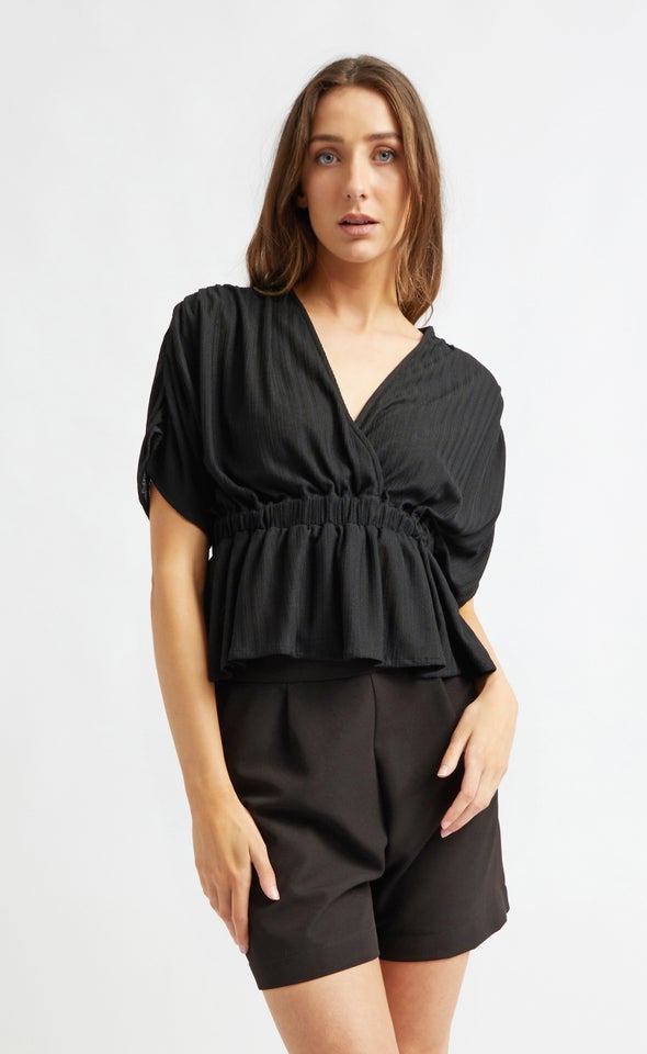 Textured Knit Peplum Draped Top Black